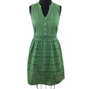 Anthropologie WOLVEN Green Sleeveless Button-Down Eyelet Cotton Sheath Dress 6